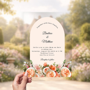 Invitations En Acrylique Mariage floral ivoire coup de rose pêche clair