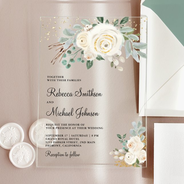 Invitations En Acrylique Mariage Floral Ivoire Or Rustique (Créateur téléchargé)