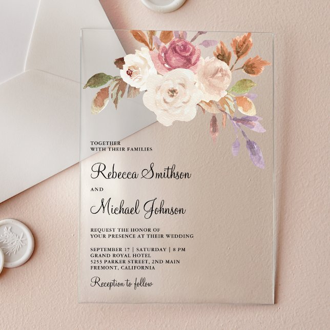 Invitations En Acrylique Mariage Floral Ivoire Rose Poussiéreux (Créateur téléchargé)
