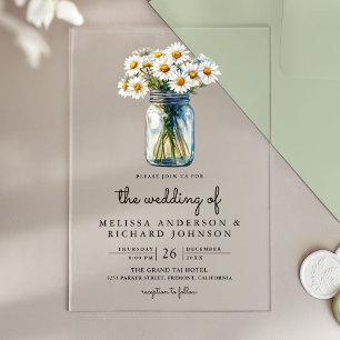Invitations En Acrylique Mariage Floral Jar Maçon Rustique aux Marguerites