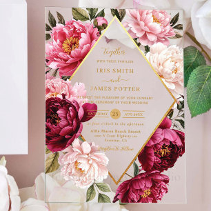 Invitations En Acrylique Mariage Floral Luxueux Bourguignon et Rose Pâle Pi