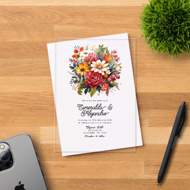 Invitations En Acrylique Mariage Floral mexicain transparent (Insitu (Carte d'invitation))