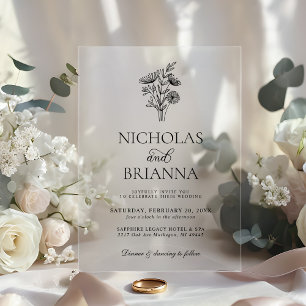 Invitations En Acrylique Mariage Floral Minimaliste Moderne Noir et Blanc