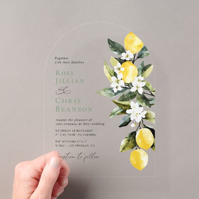 Invitations En Acrylique Mariage Floral Moderne au Citron (In situ (ordinateur de poche))