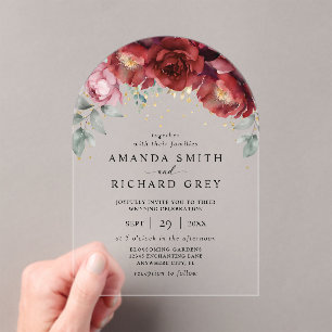 Invitations En Acrylique Mariage floral moderne Boho Bourgogne rouge et or