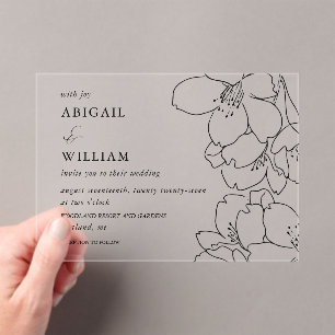 Invitations En Acrylique Mariage floral moderne illustré noir