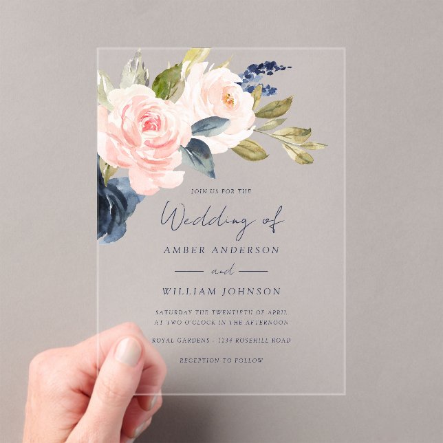 Invitations En Acrylique Mariage Floral Navy Blush   (In situ (ordinateur de poche))