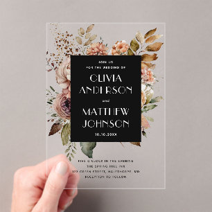 Invitations En Acrylique Mariage Floral noir   Élégant Boho Botanical Autom
