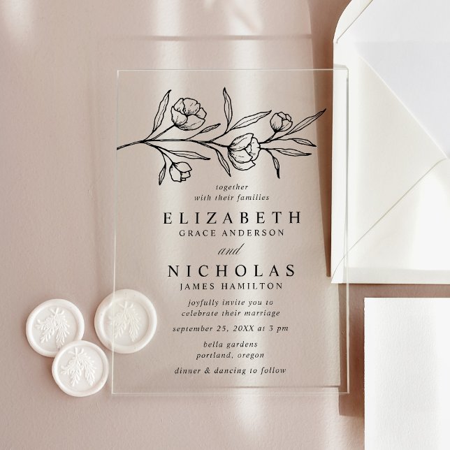 Invitations En Acrylique Mariage floral noir esquissé (Créateur téléchargé)