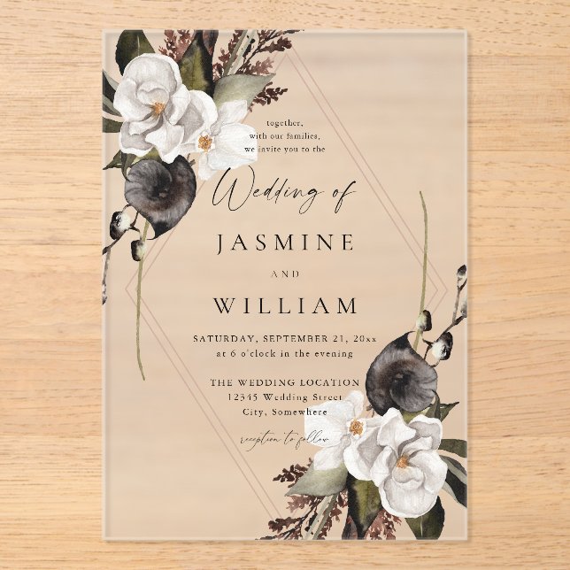 Invitations En Acrylique Mariage floral noir et blanc (Recto)