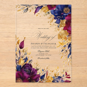 Invitations En Acrylique Mariage floral or, bleu marine et bordeaux