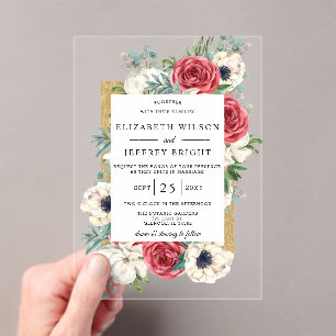 Invitations En Acrylique Mariage Floral Or Bourgogne