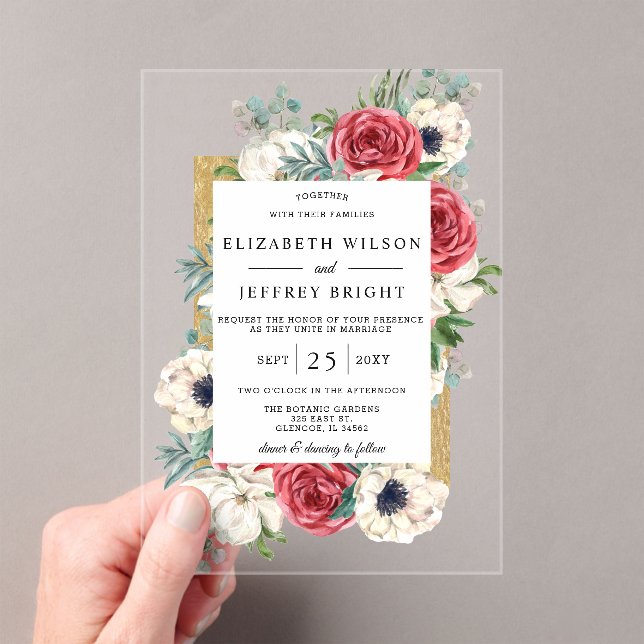 Invitations En Acrylique Mariage Floral Or Bourgogne (In situ (ordinateur de poche))