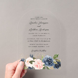 Invitations En Acrylique Mariage Floral Or Naval Rose Pâle Doré Arch