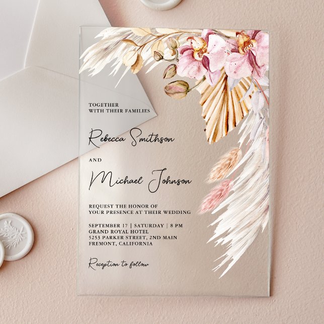 Invitations En Acrylique Mariage floral orchidée rose Boho Pampas (Créateur téléchargé)