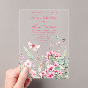 Invitations En Acrylique Mariage floral papillon rose de printemps