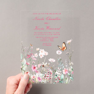 Invitations En Acrylique Mariage Floral Papillon Rose Profond de Printemps