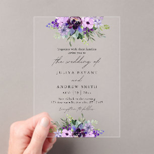 Invitations En Acrylique Mariage floral pourpre et vert