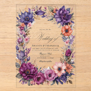 Invitations En Acrylique Mariage Floral prune, gris, cuivre et rose poudrée