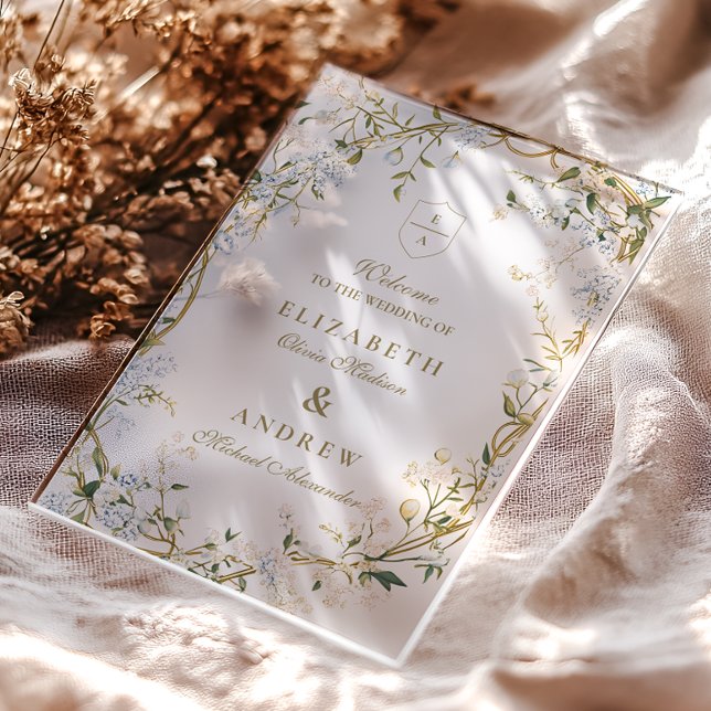 Invitations En Acrylique Mariage floral romantique avec Monogram Crest (Créateur téléchargé)