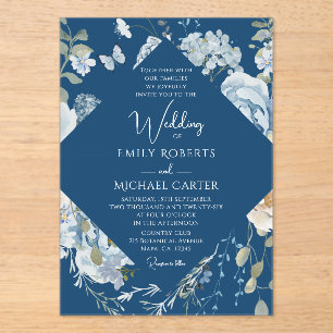 Invitations En Acrylique Mariage floral romantique bleu Dusty