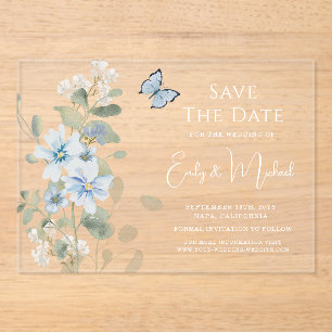 Invitations En Acrylique Mariage floral romantique bleu Dusty