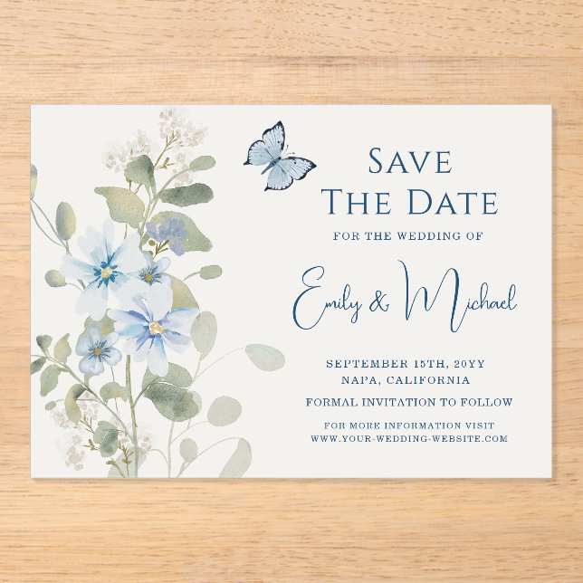 Invitations En Acrylique Mariage floral romantique bleu Dusty (Recto)