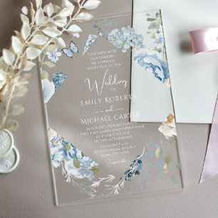 Invitations En Acrylique Mariage floral romantique bleu Dusty