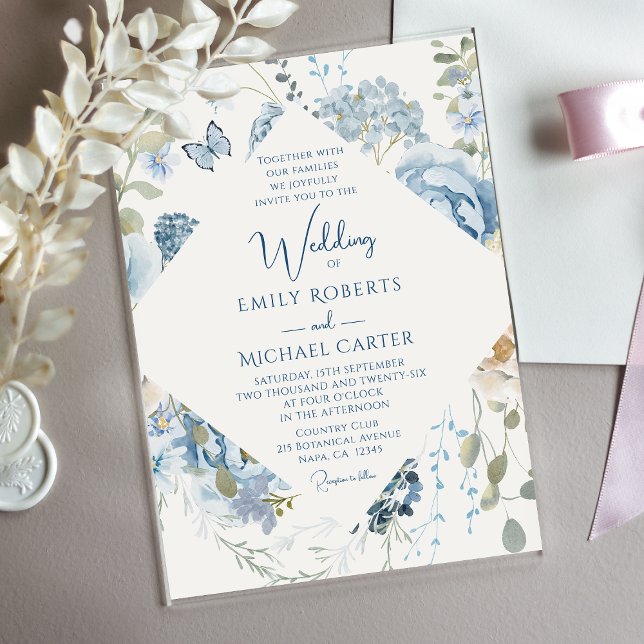 Invitations En Acrylique Mariage floral romantique bleu Dusty (Créateur téléchargé)