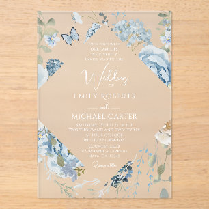 Invitations En Acrylique Mariage floral romantique bleu Dusty