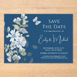 Invitations En Acrylique Mariage floral romantique bleu Dusty