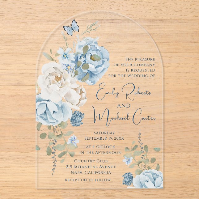 Invitations En Acrylique Mariage floral romantique bleu Dusty (Recto)
