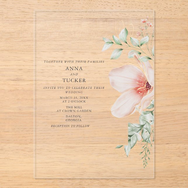 Invitations En Acrylique Mariage Floral Rose (Recto)