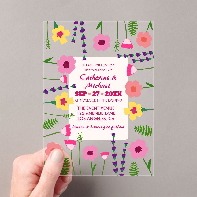 Invitations En Acrylique Mariage floral rose brillant et gras (In situ (ordinateur de poche))