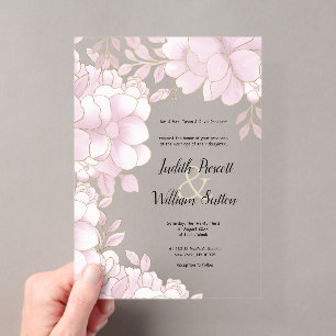 Invitations En Acrylique Mariage floral rose élégant en or blanc de luxe