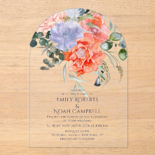 Invitations En Acrylique Mariage floral rose et bleu clair
