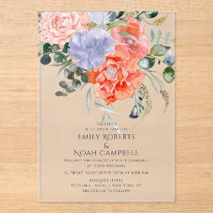 Invitations En Acrylique Mariage floral rose et bleu clair