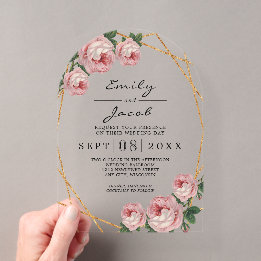 Invitations En Acrylique Mariage Floral Rose Géométrique Pailleté Or Élégan