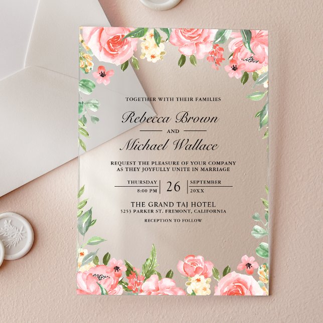 Invitations En Acrylique Mariage Floral Rose Pâle (Créateur téléchargé)