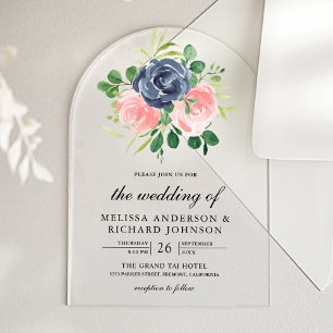 Invitations En Acrylique Mariage Floral Rose Pâle et Bleu Marine