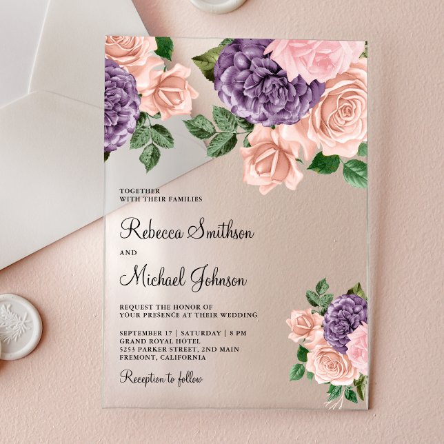 Invitations En Acrylique Mariage Floral Rose Pâle Violet (Créateur téléchargé)