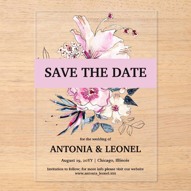 Invitations En Acrylique Mariage floral rose Plum Enregistrer la date (Recto)