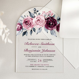 Invitations En Acrylique Mariage Floral Rose Poussiéreux Violet Prune