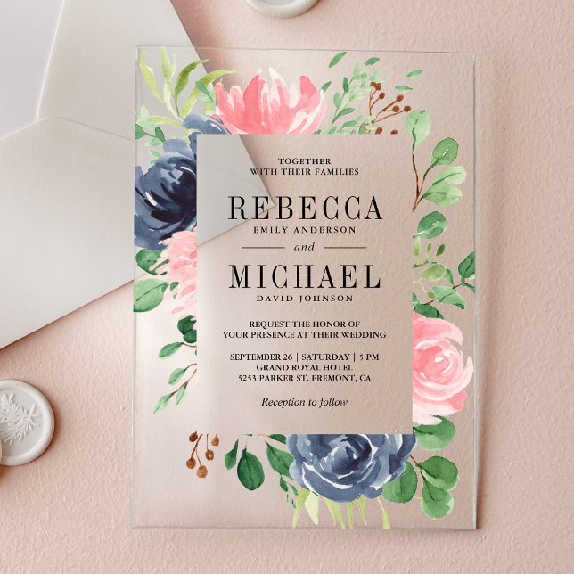 Invitations En Acrylique Mariage Floral Rose Saumon Bleu Marine (Créateur téléchargé)