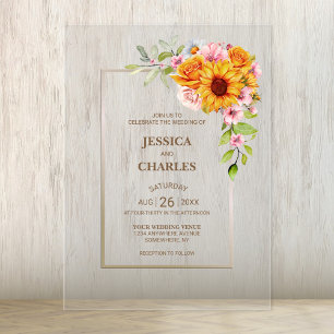 Invitations En Acrylique Mariage floral rose tournesol