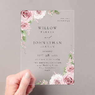 Invitations En Acrylique Mariage floral rose vif V2