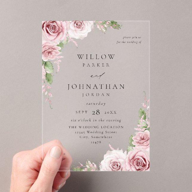 Invitations En Acrylique Mariage floral rose vif V2 (In situ (ordinateur de poche))