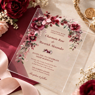 Invitations En Acrylique Mariage Floral Rouge Bourgogne