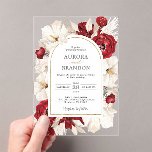 Invitations En Acrylique Mariage floral rouge rubis et blanc