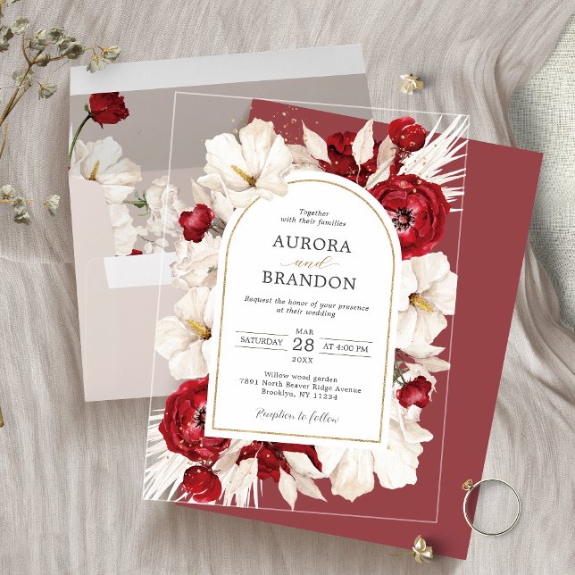 Invitations En Acrylique Mariage floral rouge rubis et blanc (Créateur téléchargé)